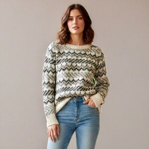 LOFT Fair Isle Geometric Knit Sweater Womens Small Cream Gray Alpaca Wool Blend